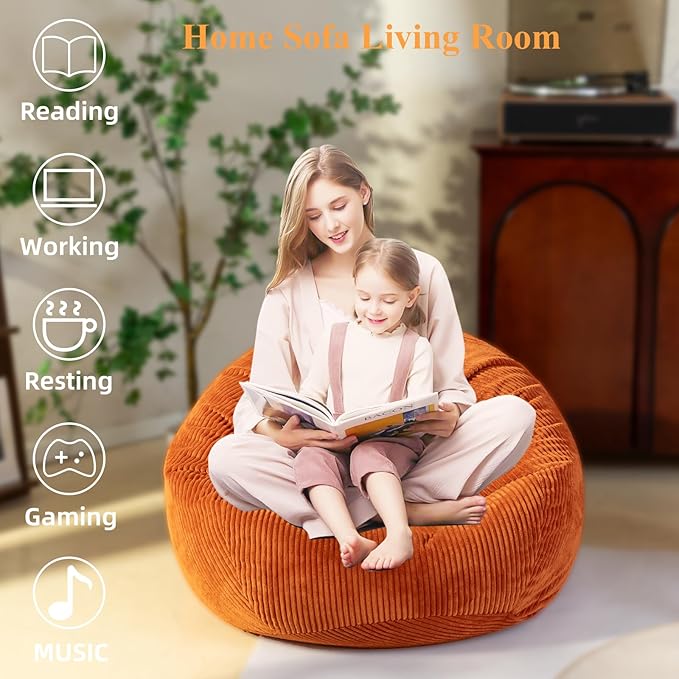 Large Stuffed Animal Storage Bean Bag Chair (No Filler), 3 ft Giant Heavy Soft Corduroy Bean Bag Cover for Kids Teens & Adults,Round Fluffy Sofa for Home Living Room Bedroom College Dorm
