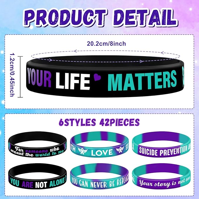 JUNEBRUSHS 42pcs Suicide Prevention Awareness Silicone Wristband Bulk Purple Teal Ribbon Inspirational Rubber Bracelets for Suicide Prevention Awareness Inspirational Favor Charity Campaign Supplies