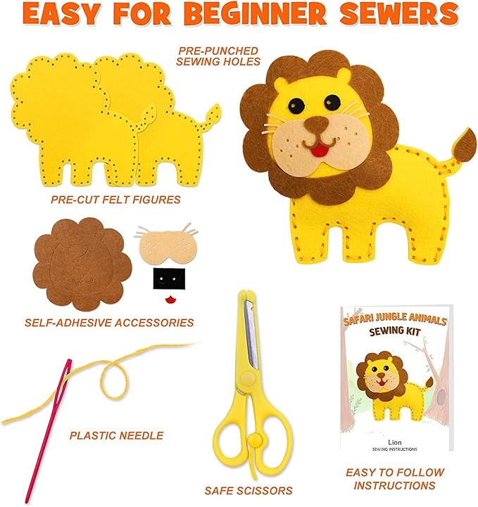 Jungle Animals Sewing Craft Kit for Kids Craft for Girls and Boys Sewing Stuffed Animal Felt Plush Ornaments for Beginners Set of 10