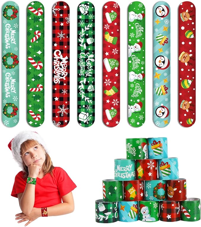 CCINEE 48Pcs Christmas Slap Bracelets,Xmas Slap Wristbands Assorted Christmas Theme Pattern Snap Wristbands for Kids Christmas Party Favors Gift Bag Filler