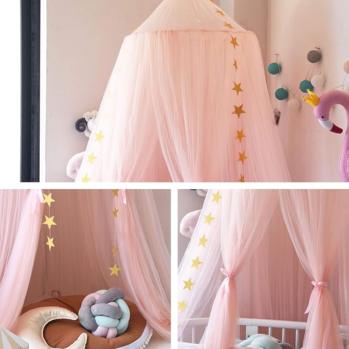 Jolitac Princess Bed Canopy for Girls Room Decor Round Lace Mosquito Net Play Tent Reading Nook Canopies Yarn Girl Dome Netting Castle (Pink)