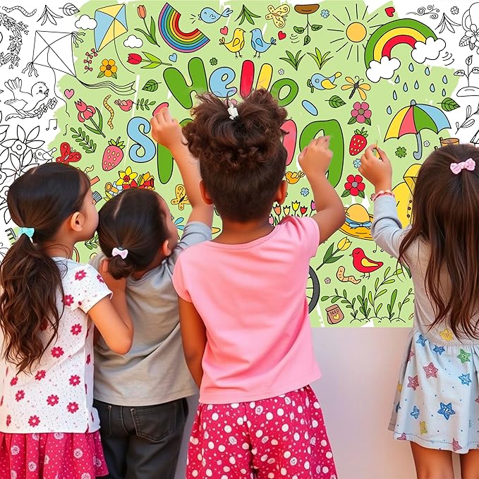 OHOME Spring Giant Coloring Poster/Tablecloth - Spring Decorations for Home-30 x 72 Inches Jumbo Coloring Banner Kids Crafts Activities Decor Party Supplies