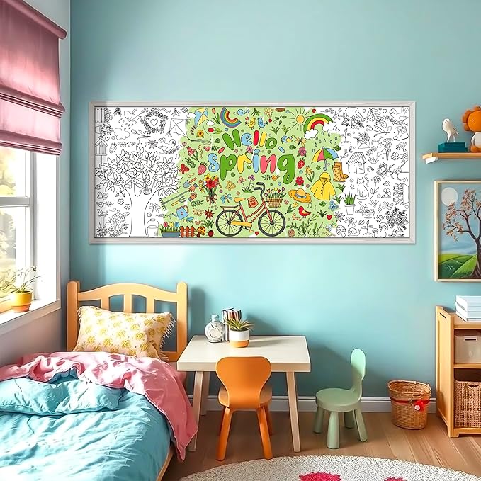 OHOME Spring Giant Coloring Poster/Tablecloth - Spring Decorations for Home-30 x 72 Inches Jumbo Coloring Banner Kids Crafts Activities Decor Party Supplies