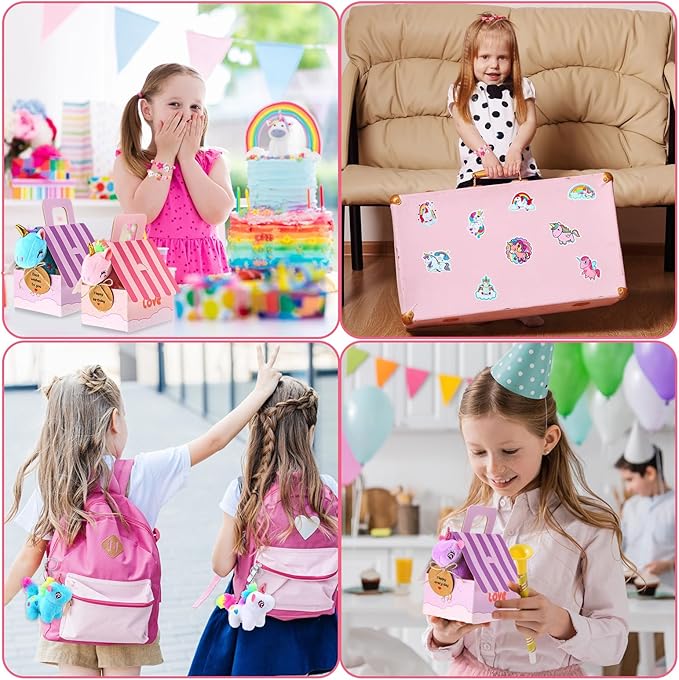 Remuuly Valentines Unicorn Party Favor for Girls Mini Unicorns Stuffed Animals Bulk Plush Keychains Gift Box Bracelet Sticker for Goodie Bag Birthday Students(88 Pcs)