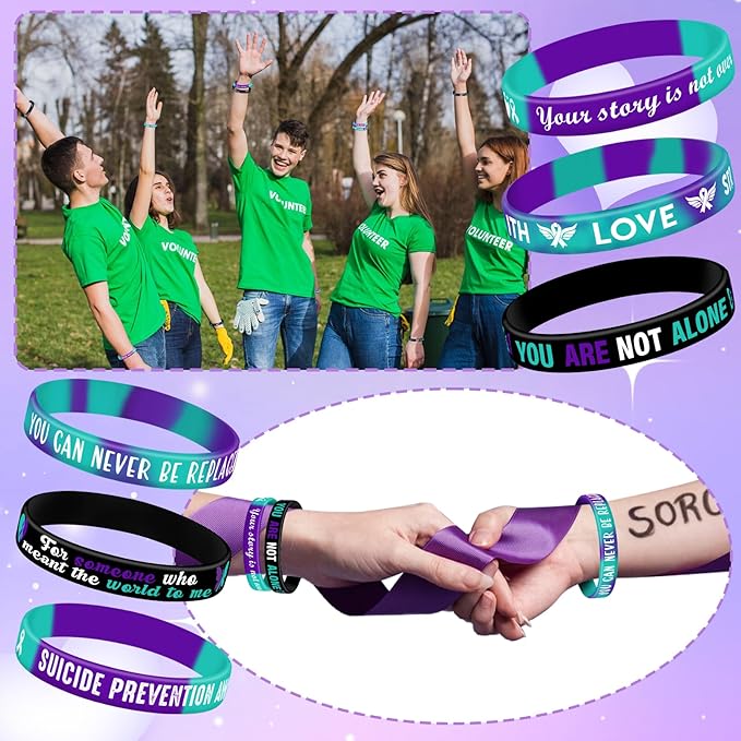 JUNEBRUSHS 42pcs Suicide Prevention Awareness Silicone Wristband Bulk Purple Teal Ribbon Inspirational Rubber Bracelets for Suicide Prevention Awareness Inspirational Favor Charity Campaign Supplies