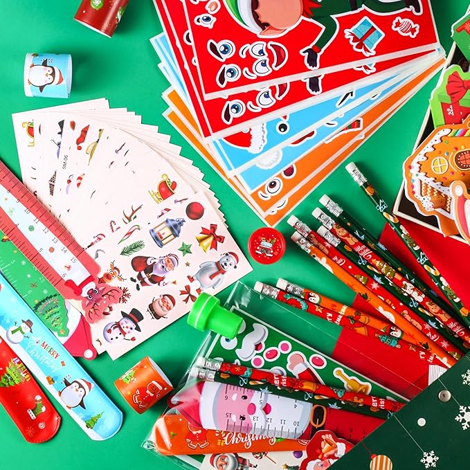 BenLouis Christmas School Stationery Set Party Favors Xmas Classroom Gift Prizes Bulk for Students Kids Holiday Stockings Pinata Filler Christmas School Goodie Bag Stuffers Decor(24set Christmas )