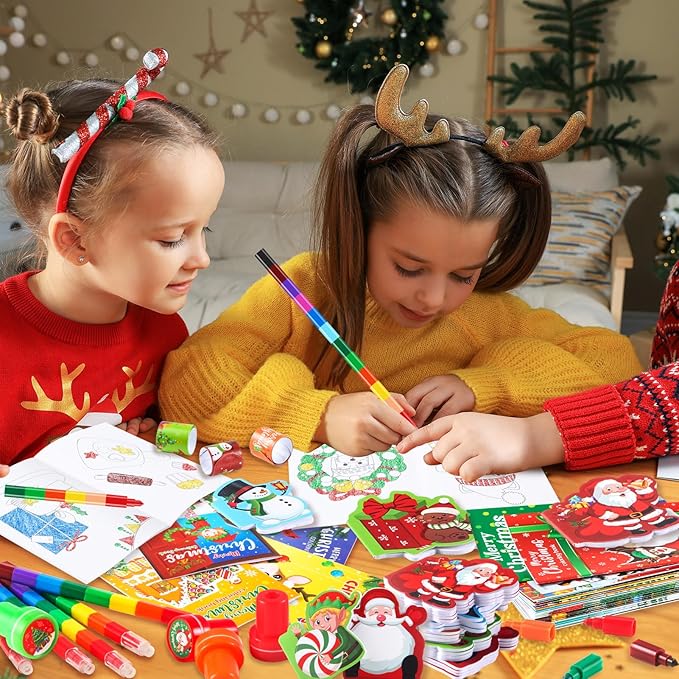 BenLouis Christmas Party Favors for Kids Christmas Classroom Gifts Prize Stockings Filler Coloring Books Bulk for Students Crafts Xmas Holiday School Goodie Bag Stuffer(12Set Christmas)