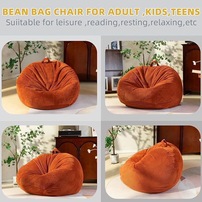 Large Stuffed Animal Storage Bean Bag Chair (No Filler), 3 ft Giant Heavy Soft Corduroy Bean Bag Cover for Kids Teens & Adults,Round Fluffy Sofa for Home Living Room Bedroom College Dorm
