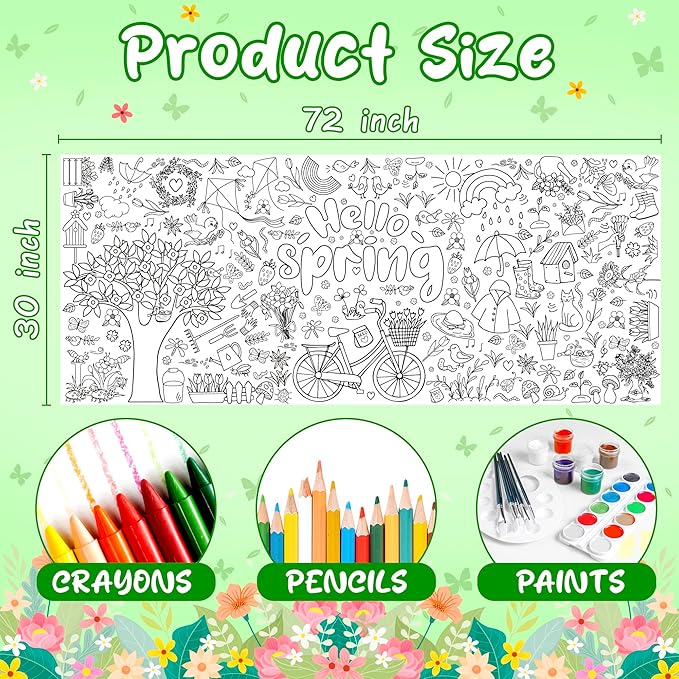 OHOME Spring Giant Coloring Poster/Tablecloth - Spring Decorations for Home-30 x 72 Inches Jumbo Coloring Banner Kids Crafts Activities Decor Party Supplies
