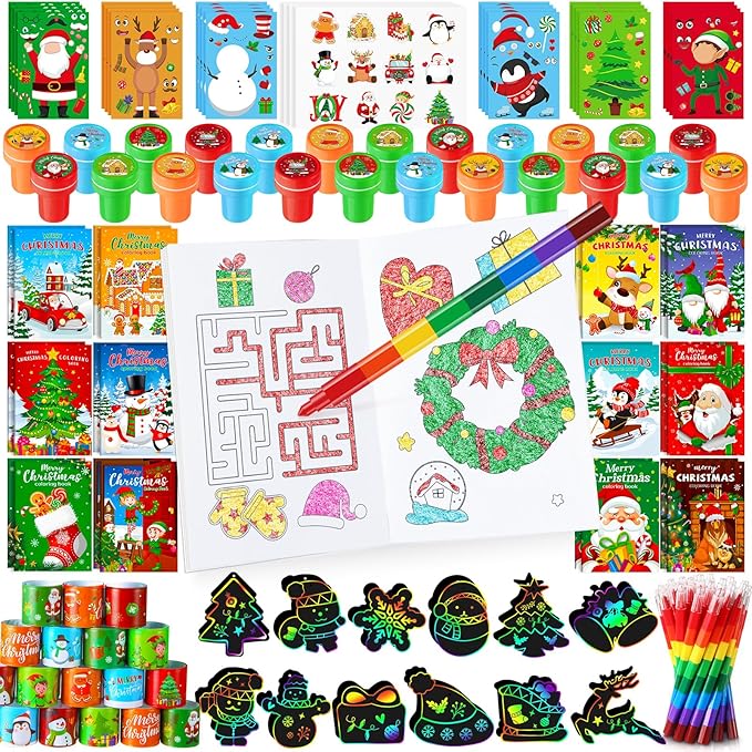 BenLouis Christmas Party Favors for Kids Christmas Classroom Gifts Prize Stockings Filler Coloring Books Bulk for Students Crafts Xmas Holiday School Goodie Bag Stuffer(12Set Christmas)