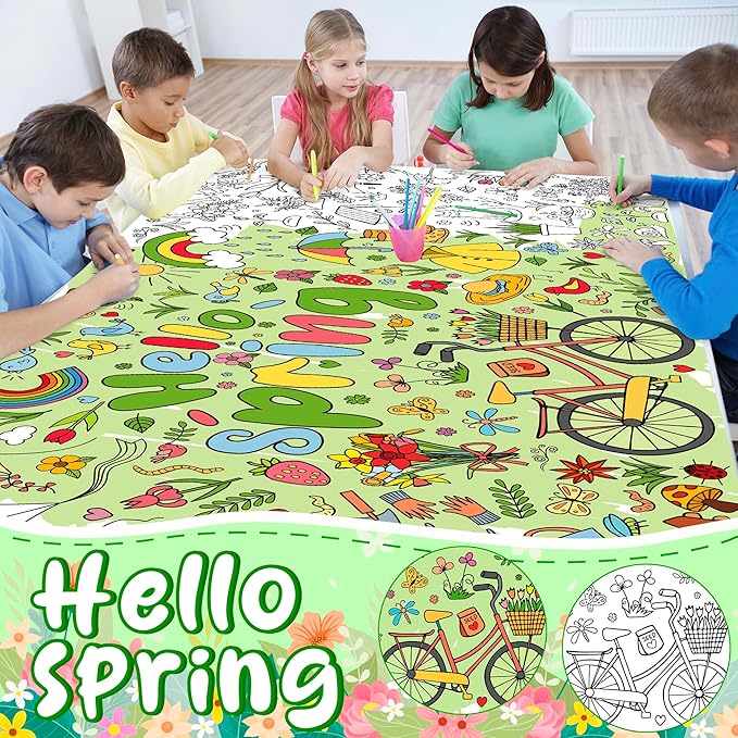 OHOME Spring Giant Coloring Poster/Tablecloth - Spring Decorations for Home-30 x 72 Inches Jumbo Coloring Banner Kids Crafts Activities Decor Party Supplies
