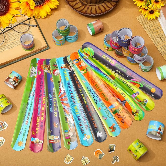 Sasylvia 320 Pcs Bible Verse Christian Slap Bracelets Party Favors for Kids Bulk Include 120 Religious Treat Bag Stuffers Snap Bracelets Kids Bracelets with 200 Bible Stickers for School Supplies