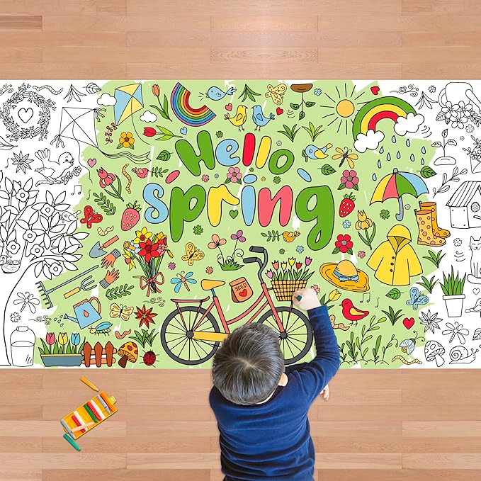 OHOME Spring Giant Coloring Poster/Tablecloth - Spring Decorations for Home-30 x 72 Inches Jumbo Coloring Banner Kids Crafts Activities Decor Party Supplies
