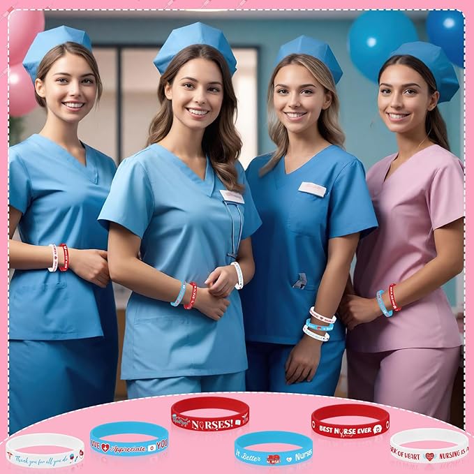 JUNEBRUSHS 42pcs Thank You Nurse Party Favors Silicone Bracelets Graduate Inspirational Rubber Wristbands Accessories for Nurse Appreciation Week Decorations Party Favors Supplies(6 Designs)