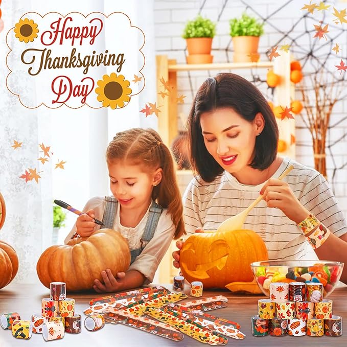 JUNEBRUSHS Thanksgiving Slap Bracelets, 56 Pcs Thanksgiving Gifts for Kids Autumn Maple Leaf Turkey Pumpkin Snap Bracelets Wristbands for Fall Party Favors Decorations Student Classroom Prizes