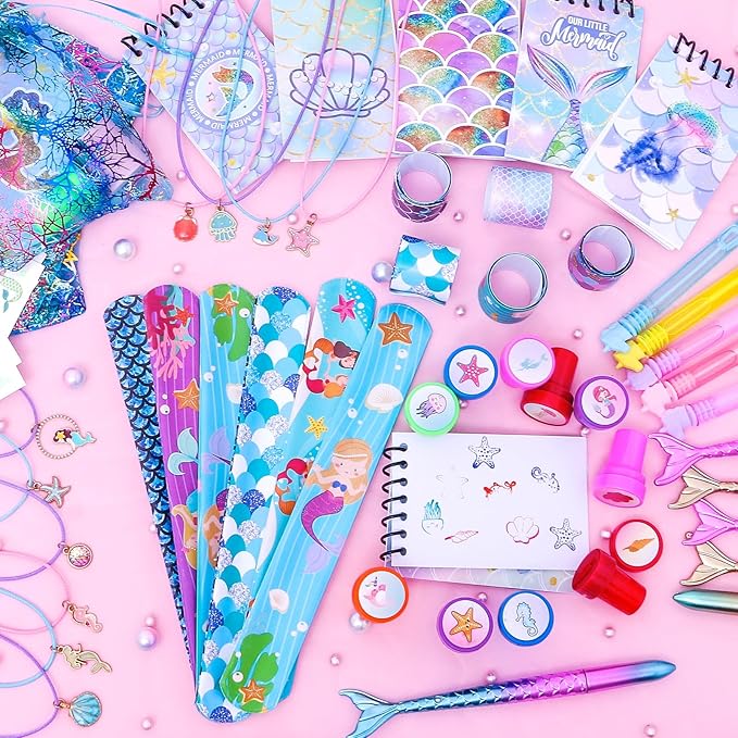 Mermaid Party Favors- Ocean Sea Party Toys Sets for 12 Children Decorations, Goodie Bag Fillers 96 PCS for Kids Summer Party Supplies, Necklace, Bubble Wands Girls Mermaid Birthday Party Favors