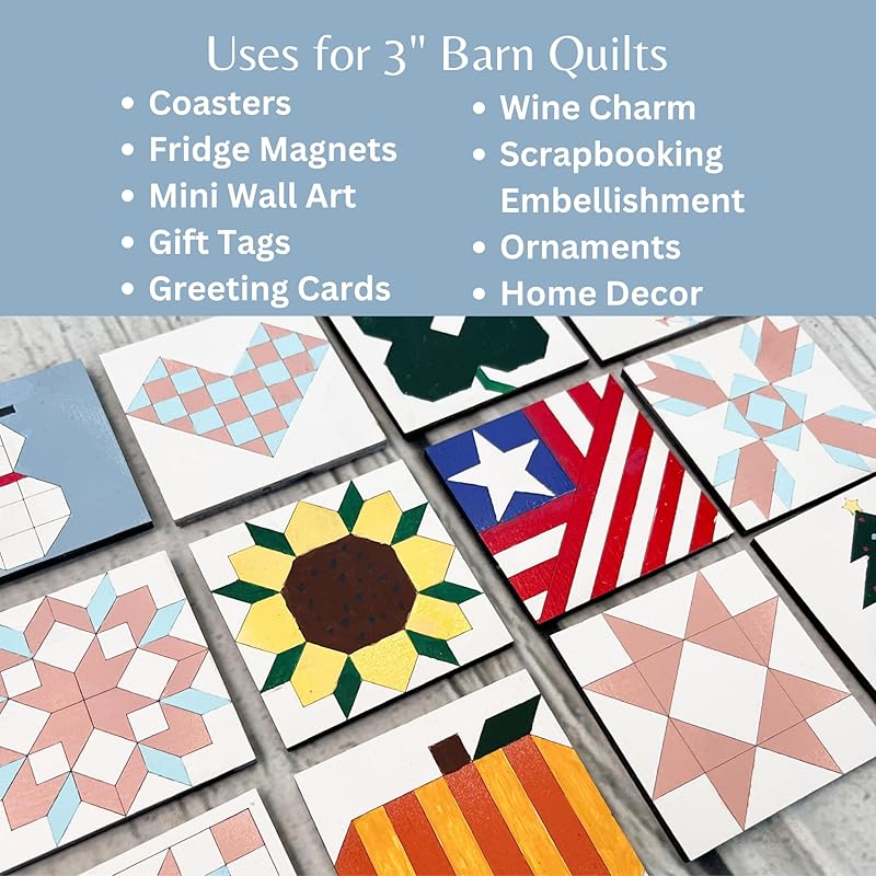 Mini Unfinished Barn Quilt Square Wooden Sign, Country Decor Canvas Quilts Blocks Bulk Set of 4 (3 inches, HST Square)