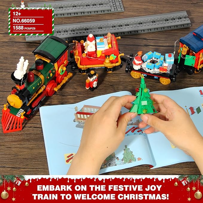 Christmas Train Building Blocks for Kids, Christmas Train 2024 Collectible Holiday Building Block Home Decor with Light, Tabletop for Boys, Girls and Adults, 1588Pcs