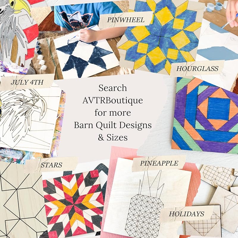 Pack of 4 Barn Quilt Kit Pattern DIY Unfinished Craft Kit, Wooden Wall Decor to Paint Small Squares Craft Set (3 inches, Friendship Star) AVTRBoutique